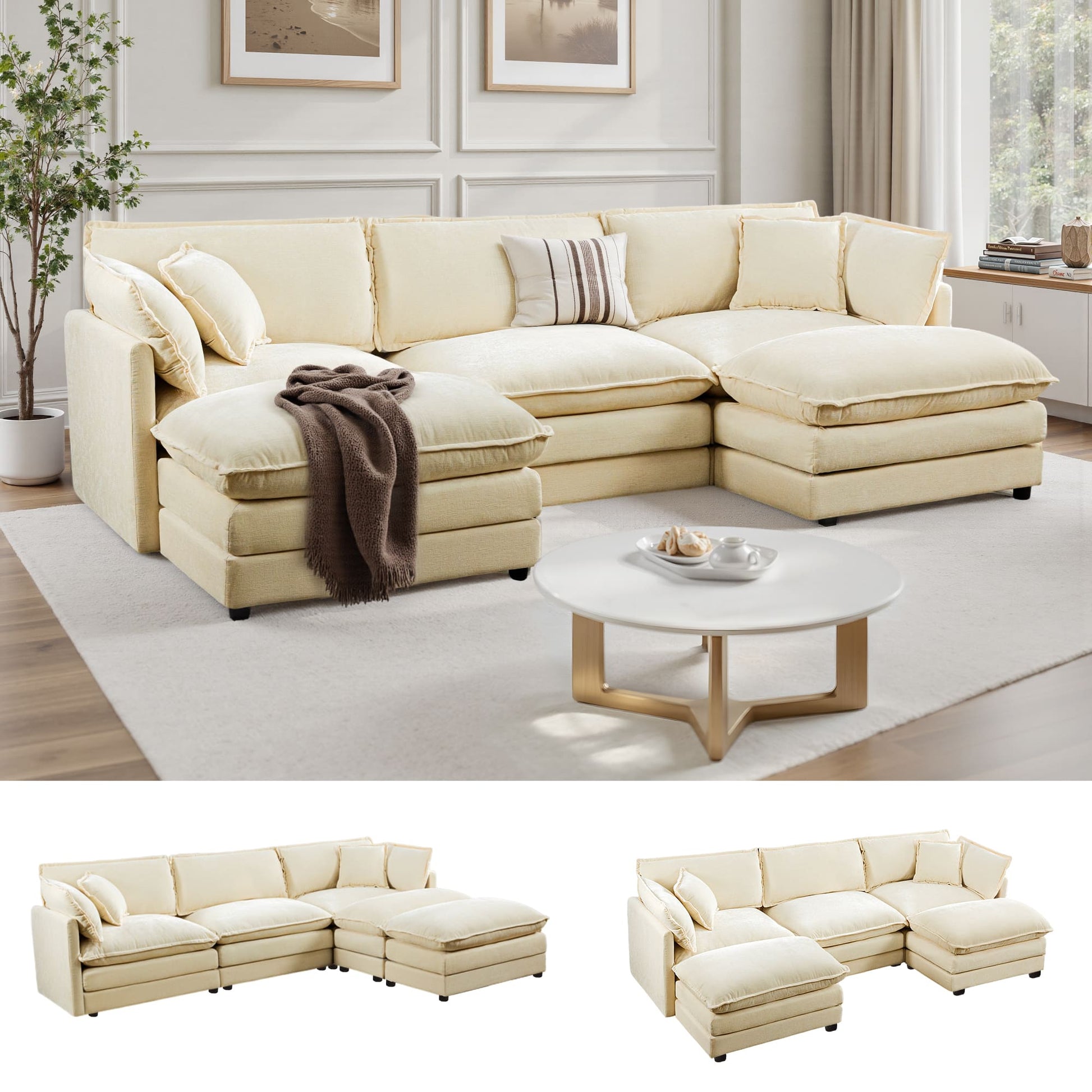 Modular 3-Seat Deep Seat Sectional Sofa with Ottoman