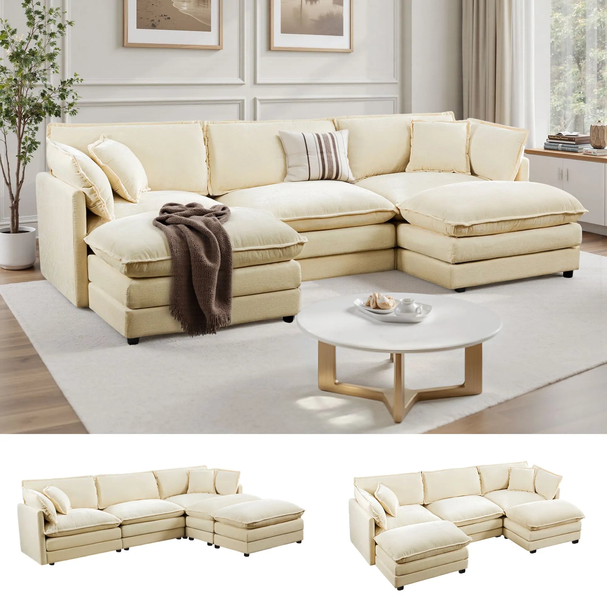 Modular 3-Seat Deep Seat Sectional Sofa with Ottoman