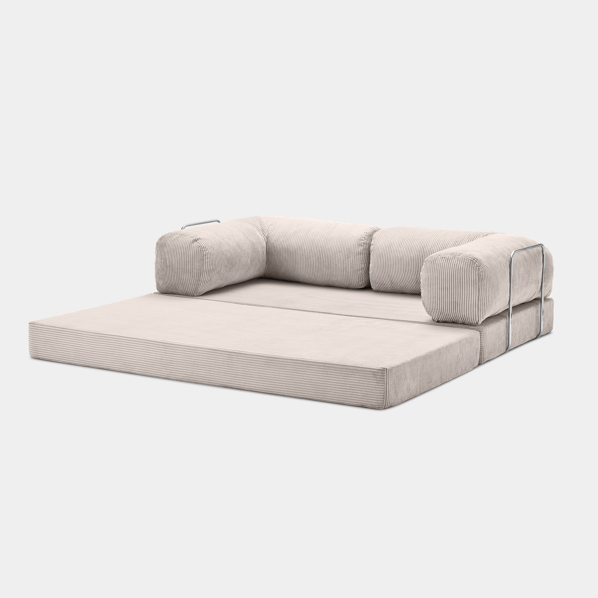 Primyhome white convertible sleeper sofa bed in unfolded position, showcasing the corduroy fabric and metal side rails