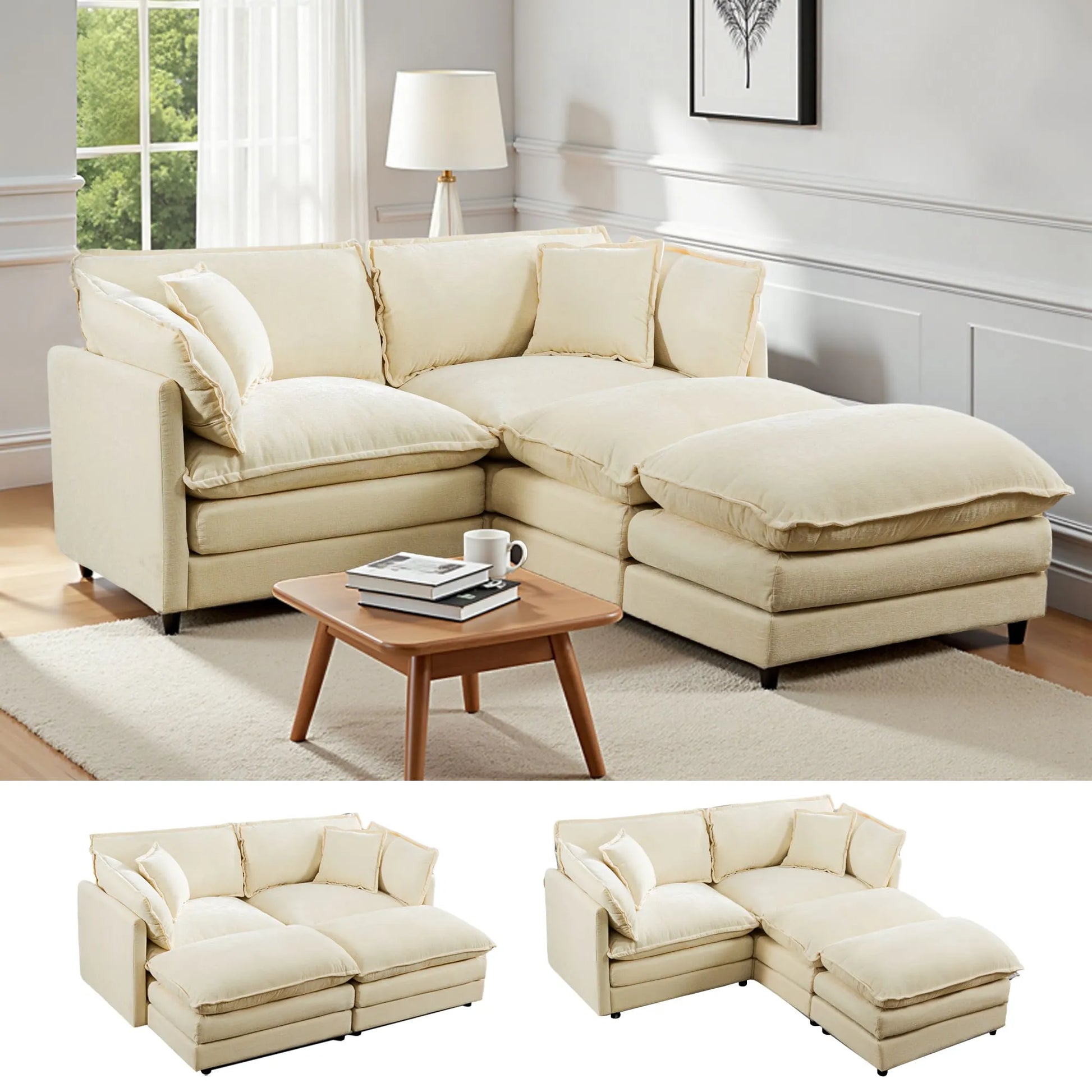 Modular 3-Seat Deep Seat Sectional Sofa with Ottoman