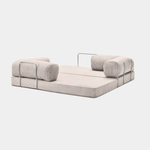 Fully unfolded Primyhome white corduroy sleeper sofa bed with metal support on a clean white background